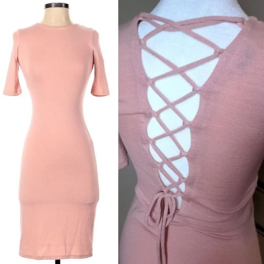 Aritzia Wilfred Free Dress Bodycon Mini Pink Knit Lace Up Corset Size XS